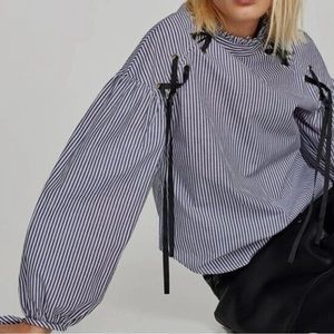ZARA Stripped Puff Sleeve Ruffle Trim Top